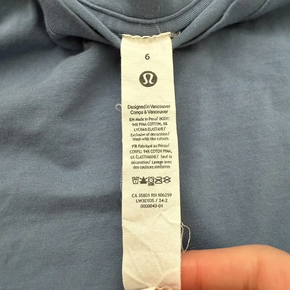 Women Lululemon Love Crew T-Shirt Classic Fit Hip Length Soft Denim Size 6